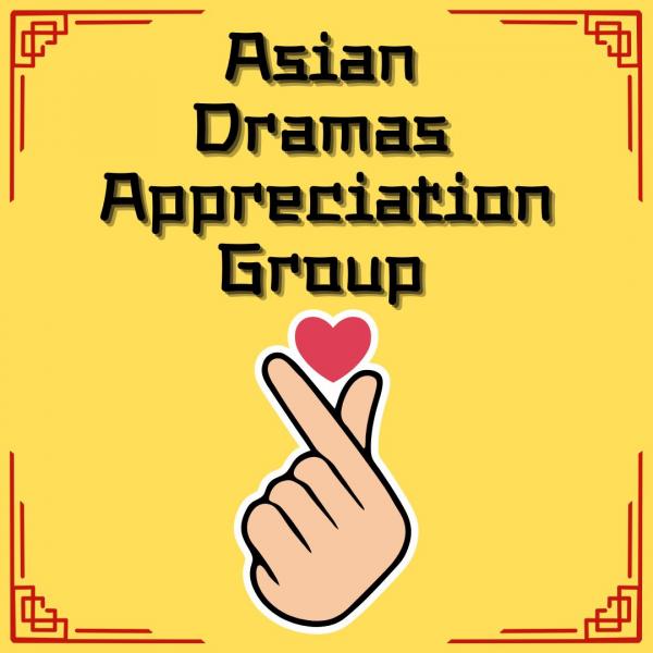 This square image has a sunny yellow background with deep red lines bordering each corner. The top half has the title Asian Dramas Appreciation Group and the bottom half is an image of a hand depicting a mini-heart gesture.